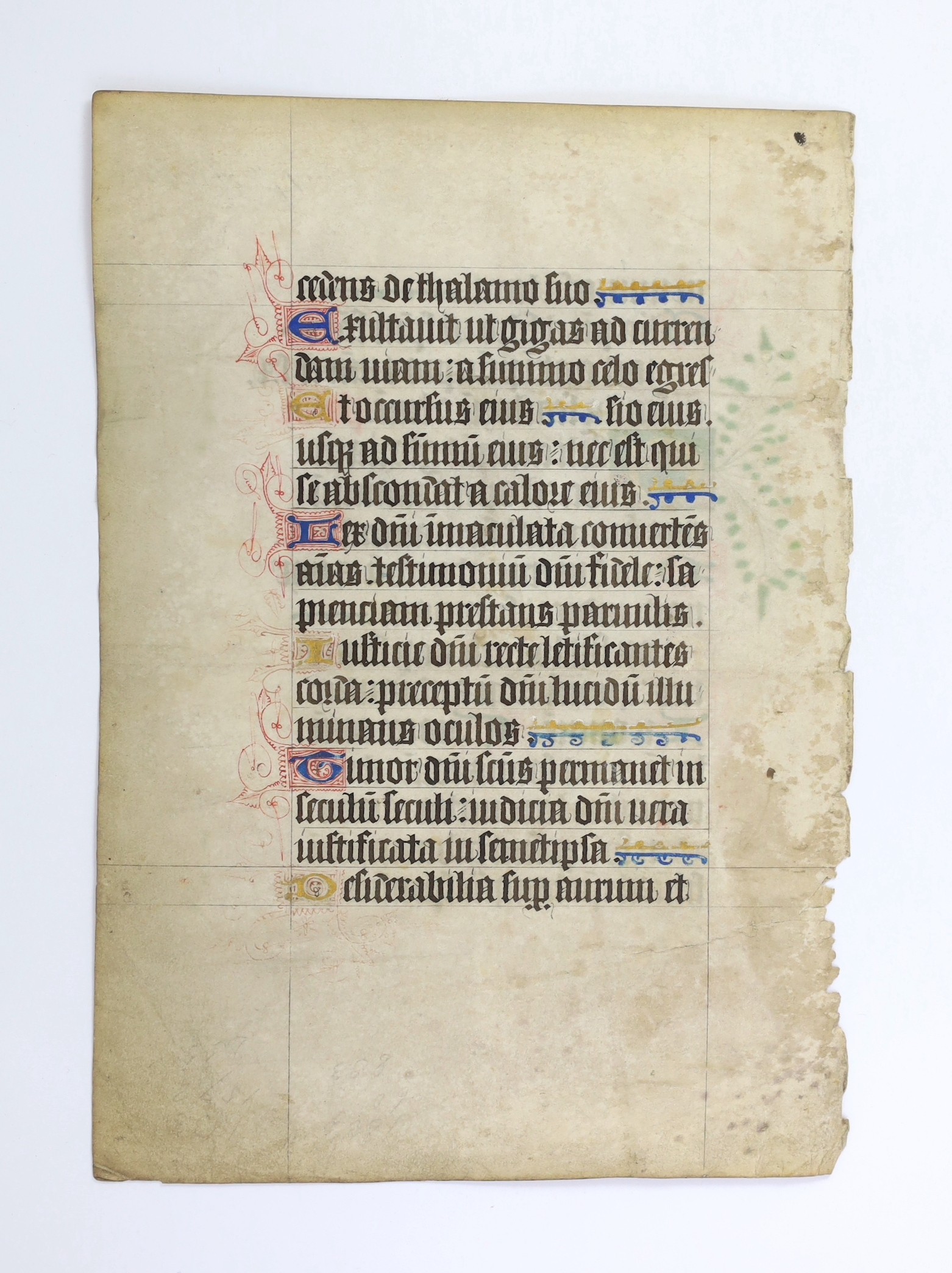 Manuscript leaf from a book of hours illuminated in blue, red, rose, green and gilt; perhaps English, third quarter of the 14th century
